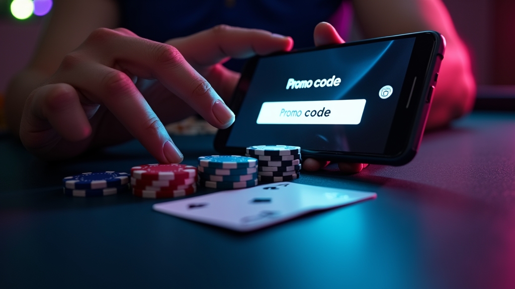 Pessoa a inserir um código promocional num ecrã de registo com ambiente de casino escuro