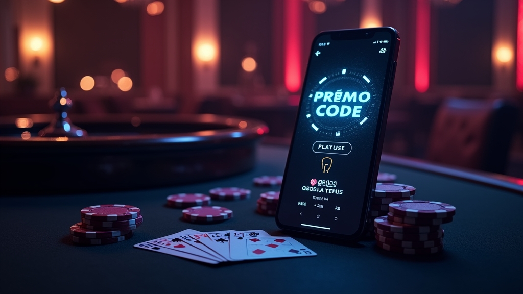 Tela de código promocional ao lado de fichas e uma roleta num casino escuro