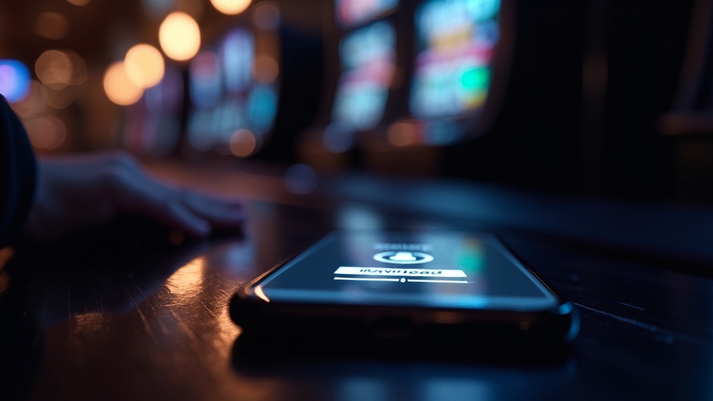 Smartphone com ecrã de download seguro num ambiente de casino escuro