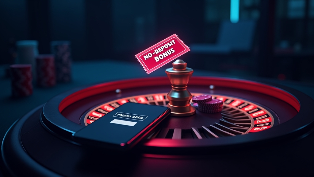 Bilhete de bónus sem depósito flutuando sobre fichas e um ecrã de código promocional