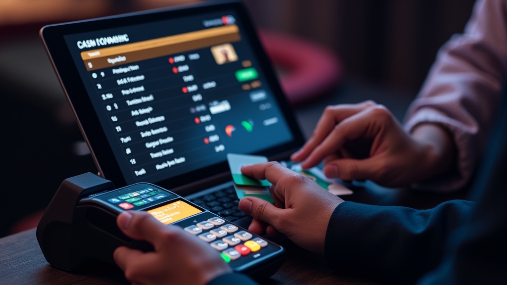 Caixa de casino com opções de pagamento e ecrã de depósito
