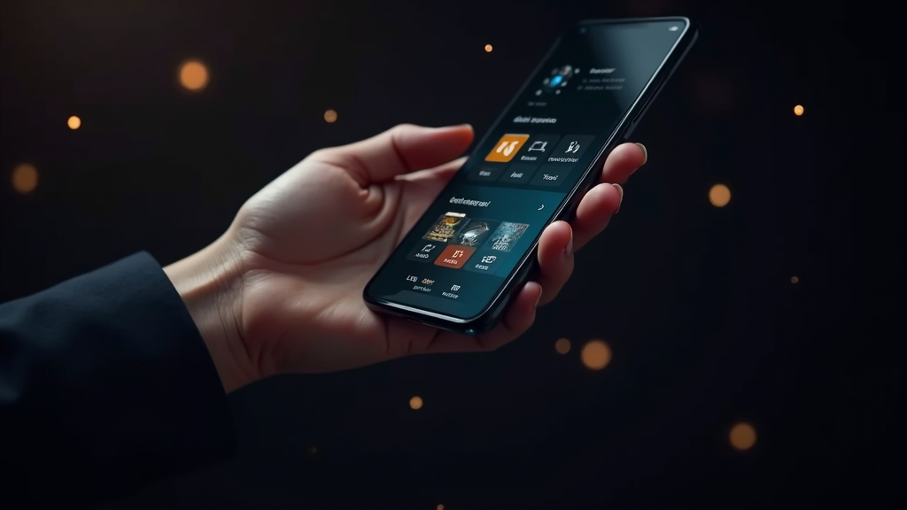 Interface móvel da app com menus claros num ambiente de casino
