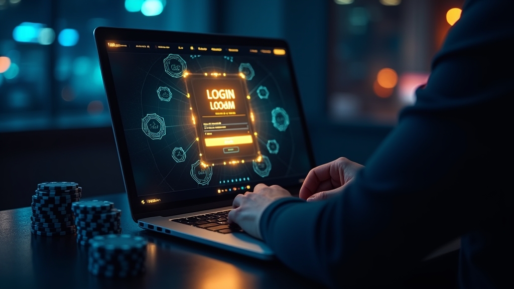 Ecrã de login de casino com luzes neon num ambiente escuro