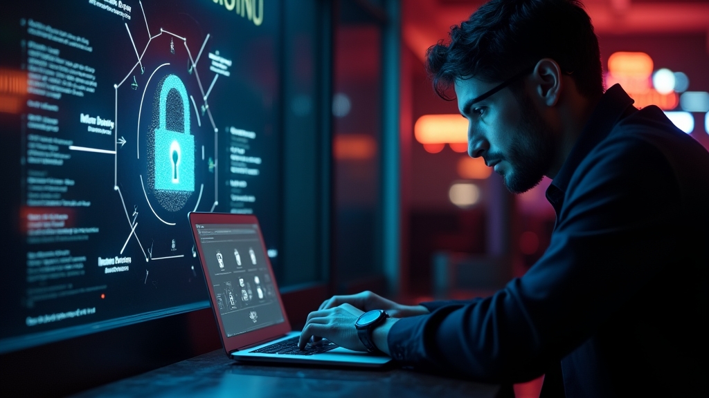 Escudo de segurança sobre um ecrã de login em ambiente de casino escuro